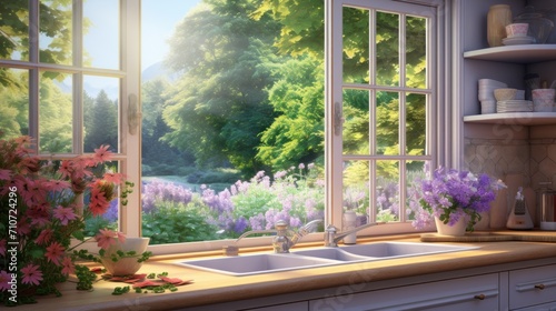  a painting of a kitchen window with flowers in the window sill and a sink in front of the window.