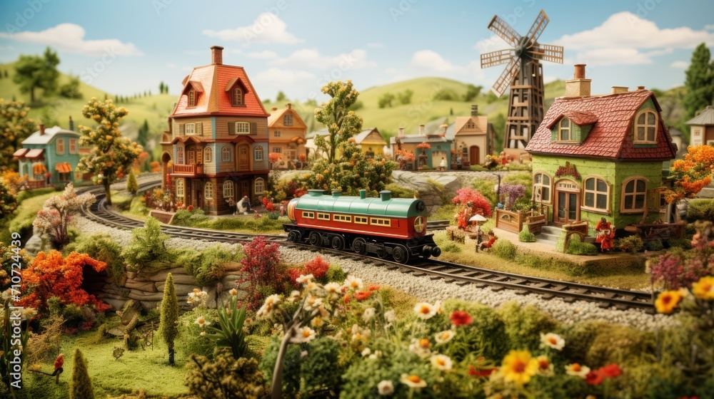  a model of a town with a train on the tracks and a windmill on the other side of the track.