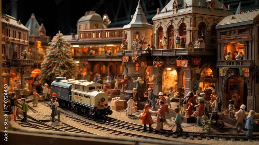  a toy town with a train on the tracks and a christmas tree on the other side of the train track.