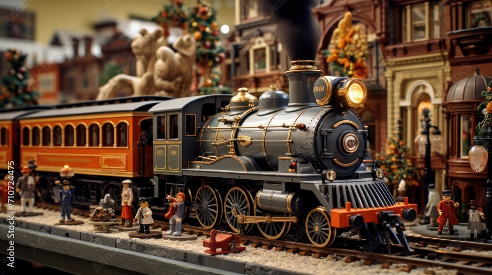  a toy train on a train track with a christmas scene on the side of the track in front of it.
