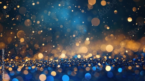 Falling gold and blue glitters and round bokeh in blue night sky, motion holidays and winter style background for Happy New Year and Merry Christmas 