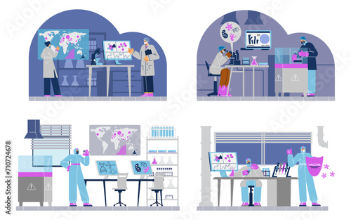 Set of virologist and scientist researching epidemic, studying viruses, making analysis and test.