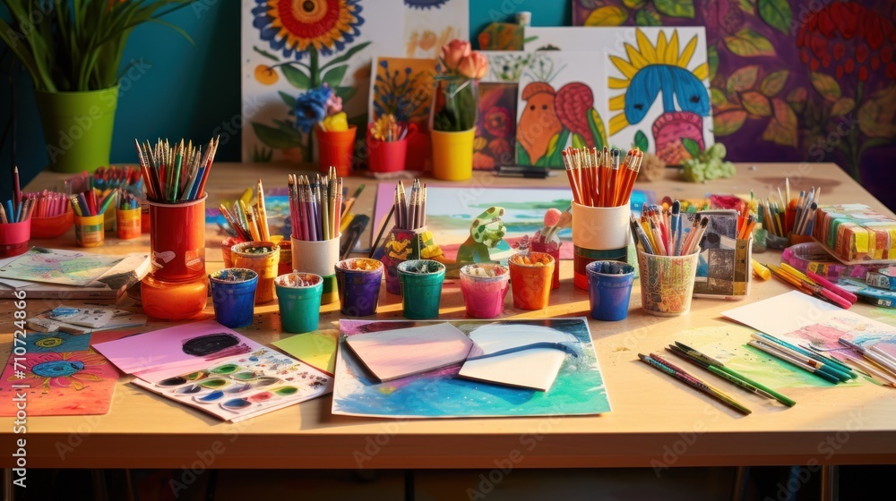  a table topped with lots of art supplies on top of a wooden table next to a vase filled with flowers.
