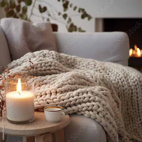 A beige chunky knit blanket on a gray sofa. Coffee table with candles next to the fireplace. Scandinavian farmhouses 