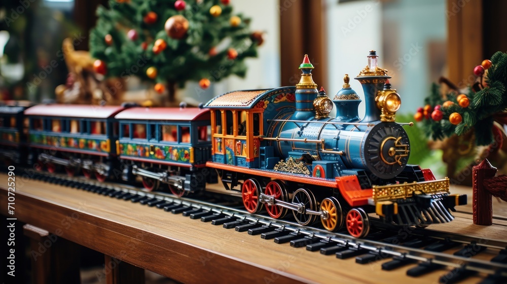  a toy train sitting on top of a wooden table next to a christmas tree on top of a wooden table.