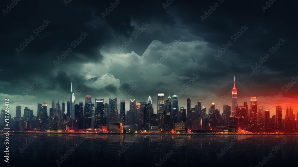  a picture of a city at night with a lot of clouds in the sky and a red light at the top of the picture.