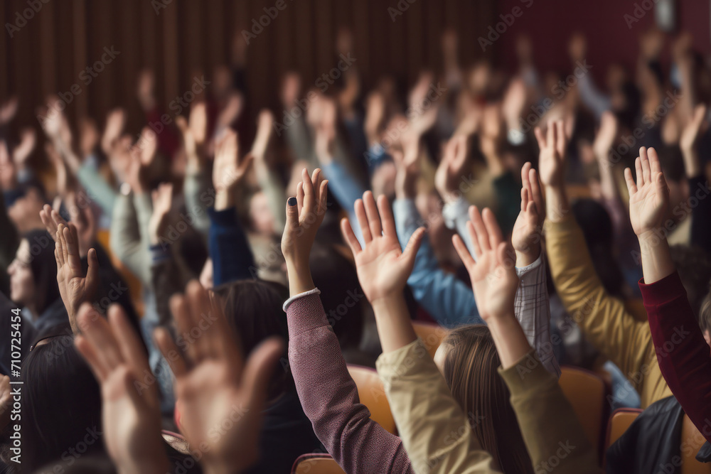 Cheers in class, Close up view of hands expressing enthusiasm in a lecture hall. - obrazy, fototapety, plakaty 
