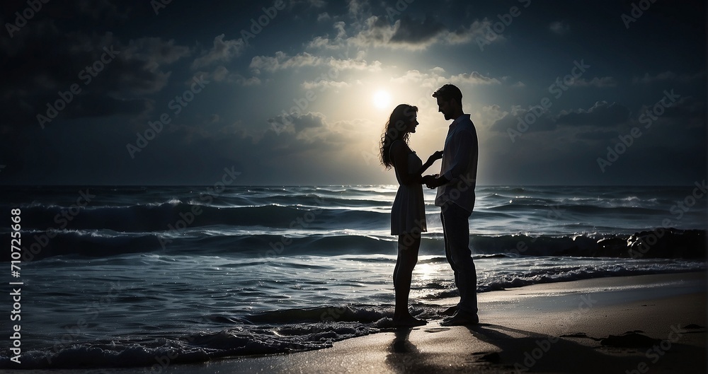 The silhouettes of a couple on a moonlit beach. One person is holding a ring box, presenting it to the other in a tender proposal moment, against the backdrop of the moon and gentle waves - Generative - obrazy, fototapety, plakaty 