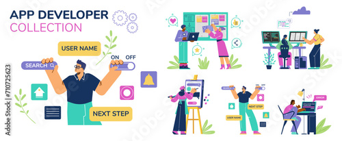 App developer collection, set of vector on white, flat cartoon style