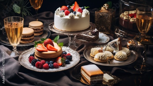  a table topped with cakes and desserts on top of a table covered in wine glasses and plates of food.
