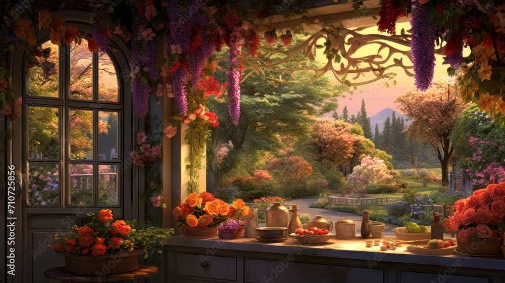  a painting of a garden with flowers on the counter and a view of a path through the garden through a window.