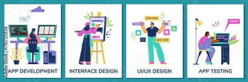 App developing process stages: coding, interface, ui and ux design, testing.