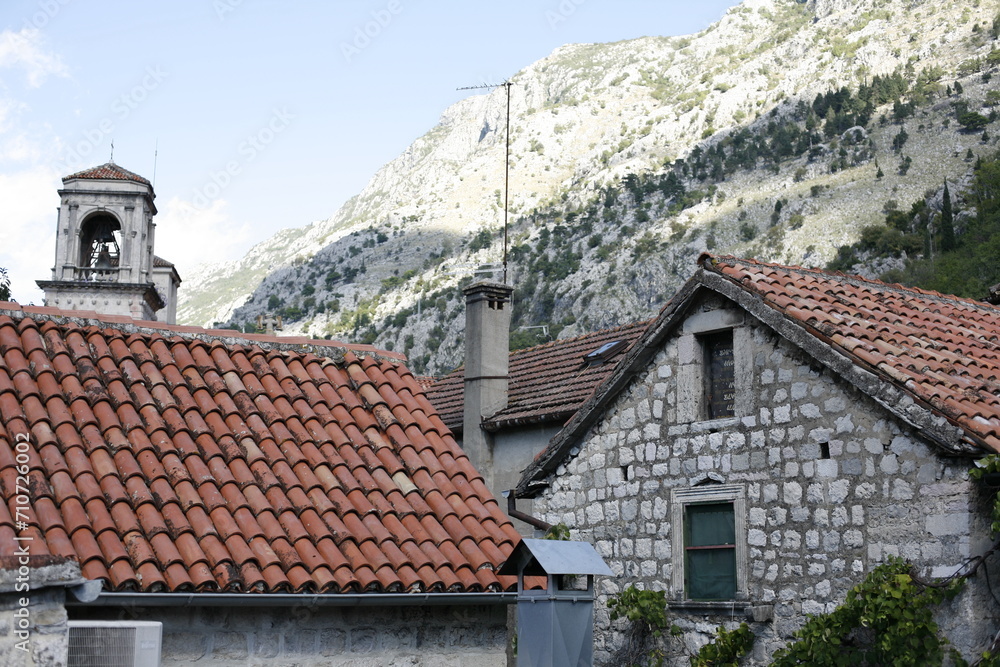 The bell tower stands tall amidst the historic stone buildings and terracotta roofs of Kotor, with the ancient fortifications ascending the mountainside.