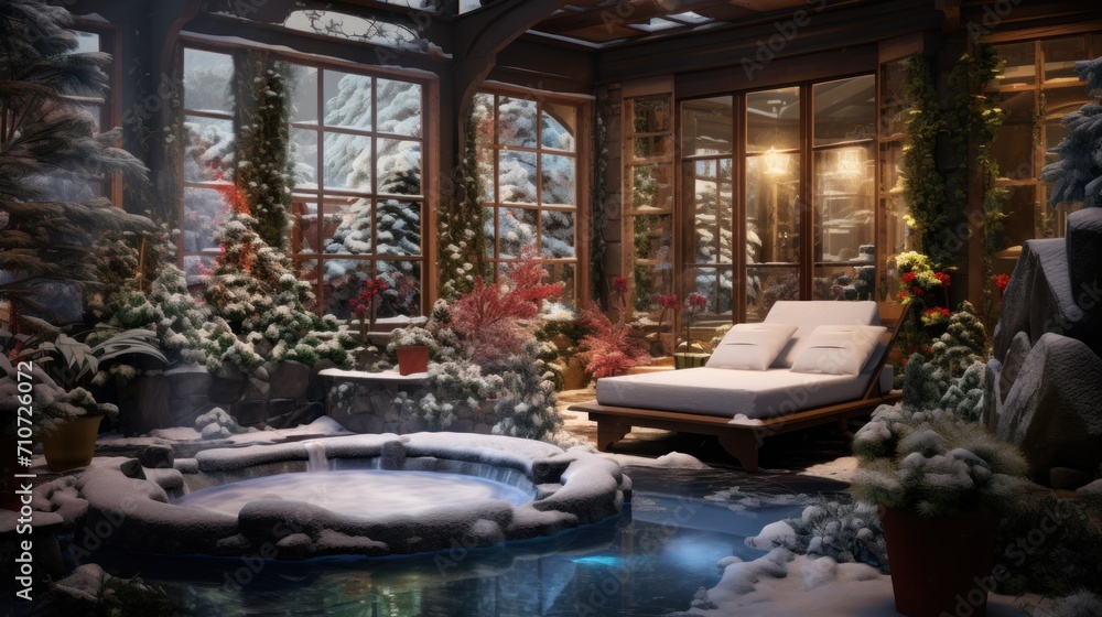  a living room filled with lots of furniture and a snow covered pool in front of a large window covered in snow.