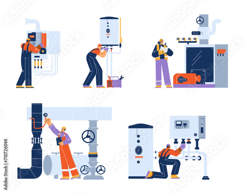 Engineers and technicians check, control, repair and fix boiler and heating system.