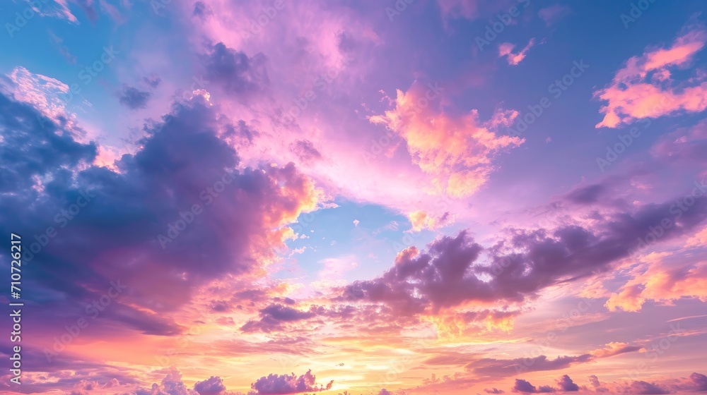 Real majestic sunrise sundown sky background with gentle colorful clouds without birds. Panoramic, big size   