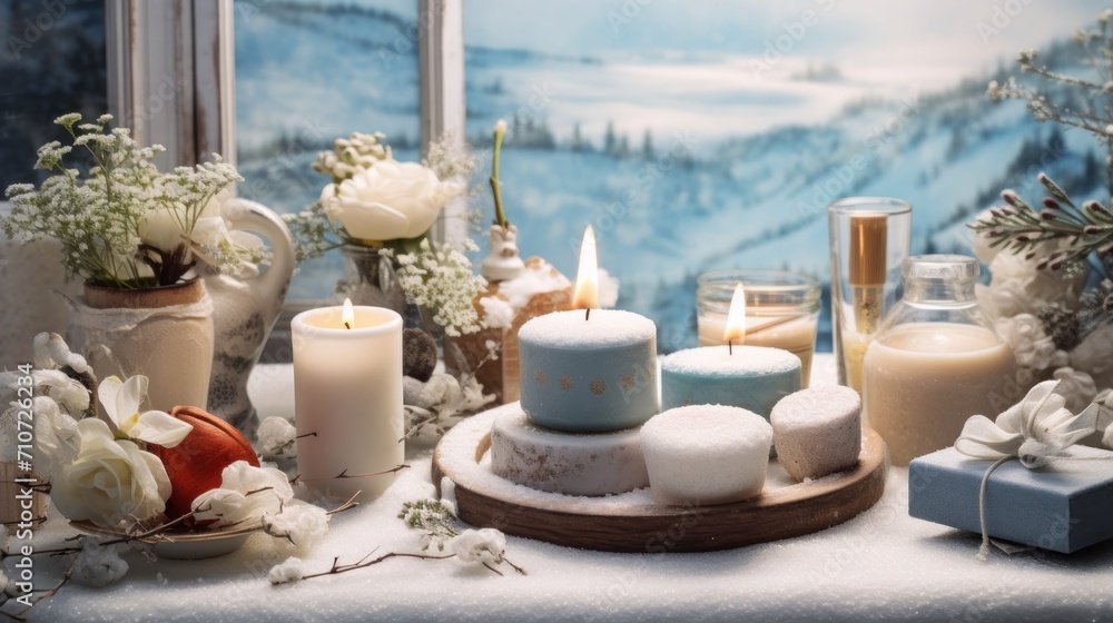 a table topped with candles and flowers next to a vase filled with flowers and a box filled with marshmallows. a table topped with candles and flowers next to a vase filled with flowers and a box filled with marshmallows.