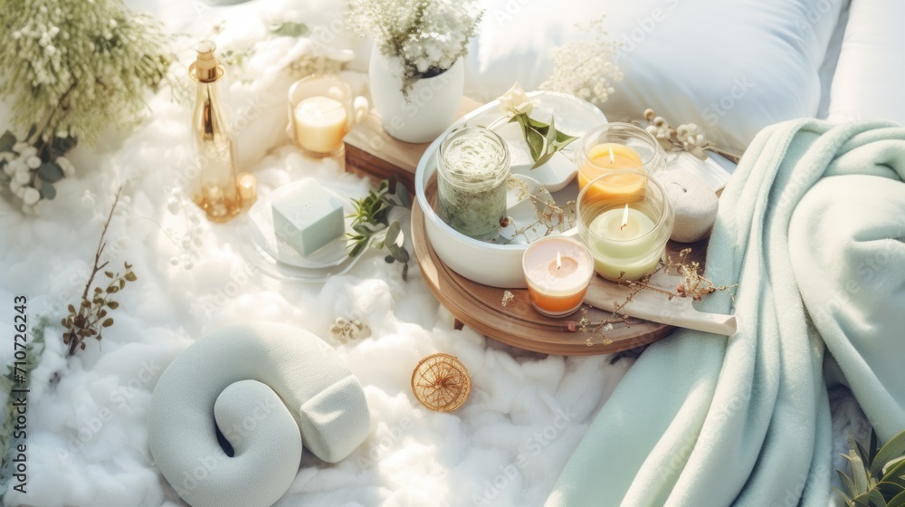 a tray with candles, candles, and other items on a bed covered in white fluffy blankets and a blanket. a tray with candles, candles, and other items on a bed covered in white fluffy blankets and a blanket.