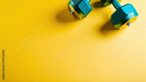 Many different stylish dumbbells on yellow background  flat lay