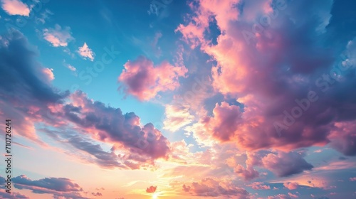 Real majestic sunrise sundown sky background with gentle colorful clouds without birds. Panoramic, big size    #710726244