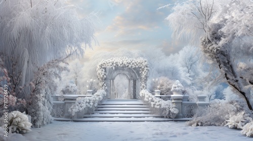  a painting of a winter scene with a staircase leading up to a garden with trees and bushes covered in snow.