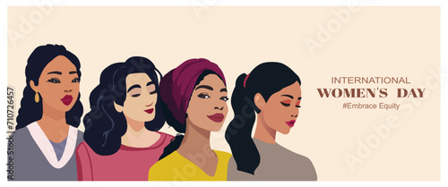 March 8, International Women's day card with women. Flat design.	