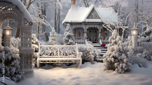  a white bench sitting in the middle of a snow covered park filled with trees and a house with a clock on top of it.