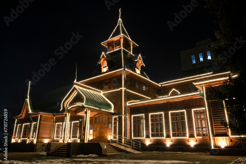 Museum of Folk Musical Instruments named after. Night photograph of the illumination of the museum building in Almaty. The building was built in 1908.