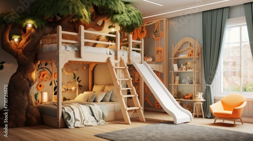  a child's bedroom with a slide in the middle and a tree on the other side of the room.
