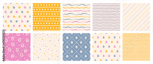 Easter seamless repeat patterns collection, backgrounds set. Tiny painted Paschal eggs, artistic brush drawn shapes with stripes, specks, uneven dots, doodle hand drawn waves. Retro trendy colors.