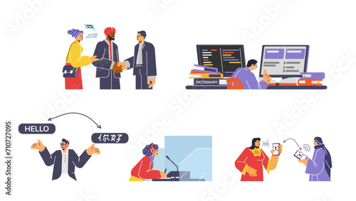 Translators people, set of vector illustrations on white, flat cartoon