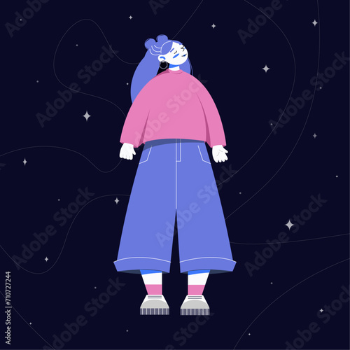 Cute girl against the background of the night sky. Vector illustration in flat style. Can be used as a postcard.