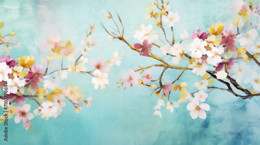 a painting of a branch with pink, yellow and white flowers on a blue background with a blue sky in the background. a painting of a branch with pink, yellow and white flowers on a blue background with a blue sky in the background.