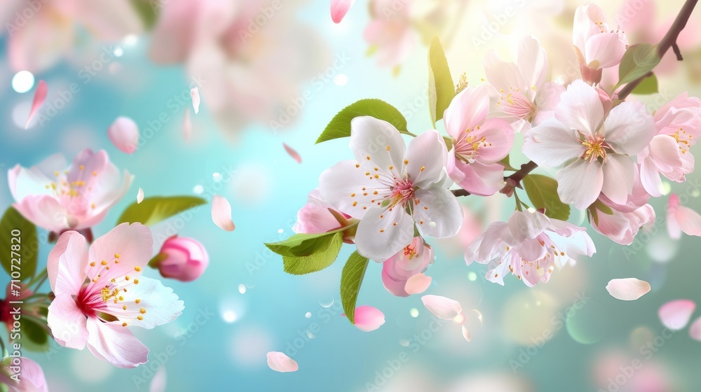 Vector background with spring apple blossom. Blossoming branch in springtime with falling petals   