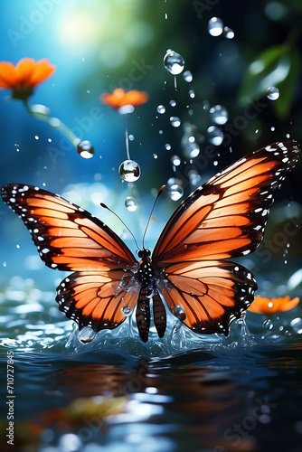 Butterfly Floating in Water, Peaceful Nature Moment in Close-up. Generative AI.