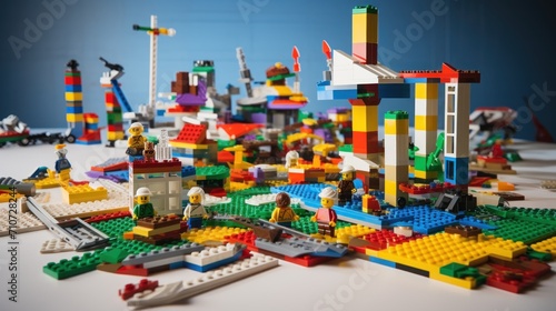  a bunch of legos sitting on top of a table with a lot of them on top of the table. photo