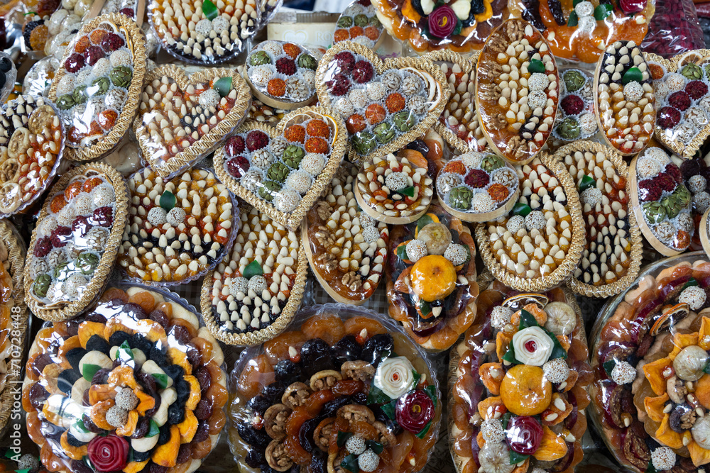 Assortment of organic dried fruits mix in local bazaar market of Yerevan