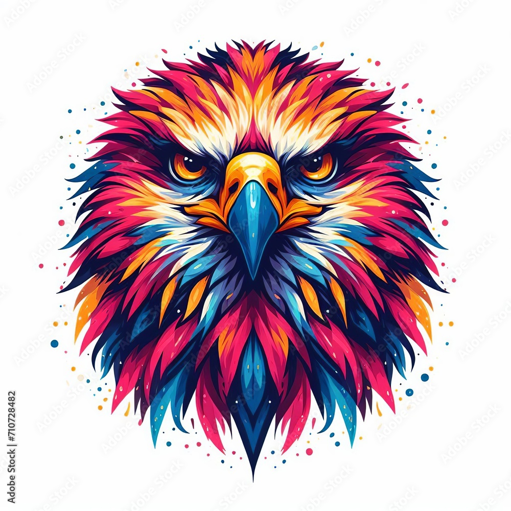 Obraz premium Bald eagle head with colorful splashes on white background. Vector illustration.
