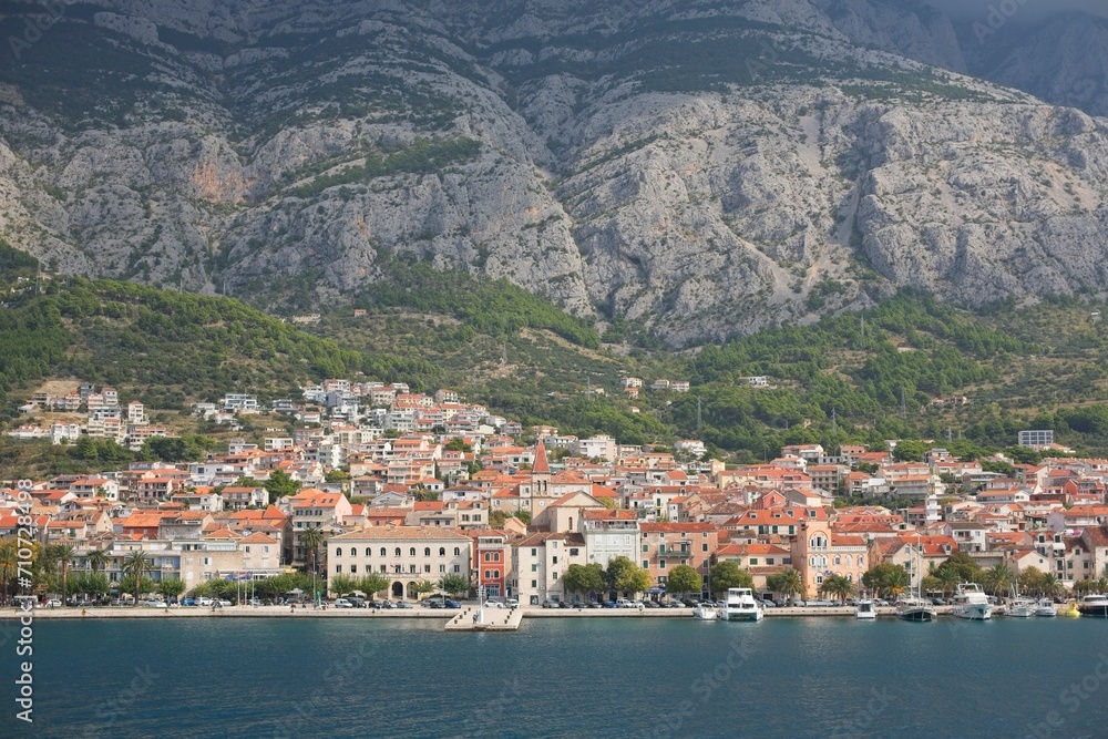 Makarska, Croatia, Beach. Port town on Croatia’s Dalmatian coast, known for its Makarska Riviera beaches.
