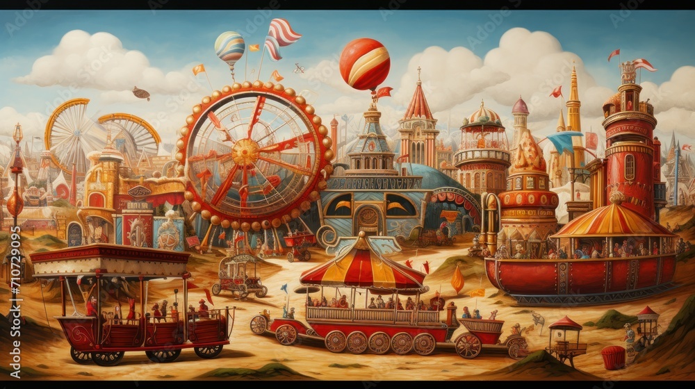 a painting of an amusement park with a ferris wheel and a ferris wheel in the foreground and a ferris wheel in the background. a painting of an amusement park with a ferris wheel and a ferris wheel in the foreground and a ferris wheel in the background.