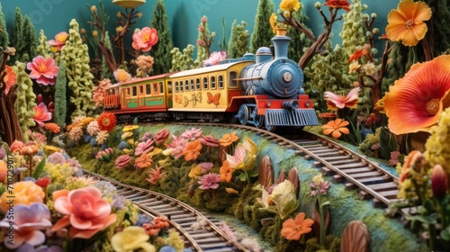  a train traveling through a lush green forest next to a forest filled with lots of different types of wildflowers.
