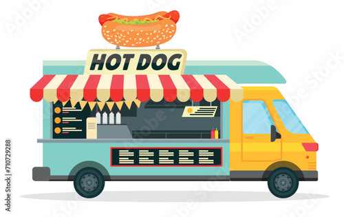 Food Truck Selling  Hot Dog as Street Snack Restaurant. Food Truck in the CIty Cooking and Selling Street Food Vector Illustration. 