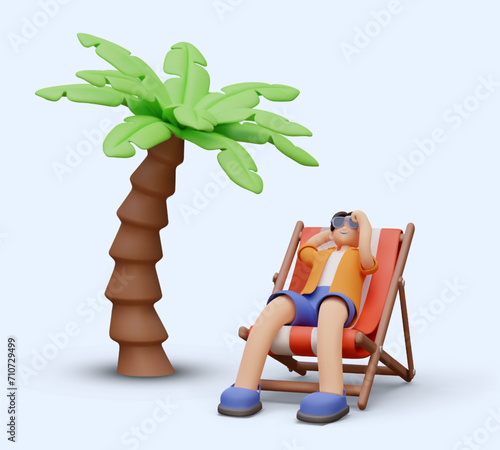 Male character is lying in deck chair under palm tree. Concept of vacation in tropical country. Summer vacation near sea, ocean. Advertising poster on blue background