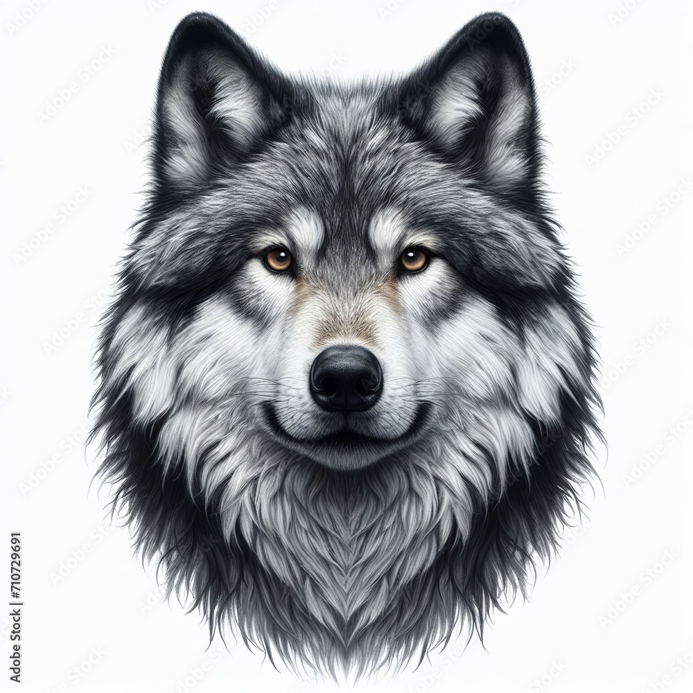 Portrait of a wolf isolated on white background.