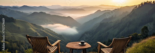 wooden table in mountains photo