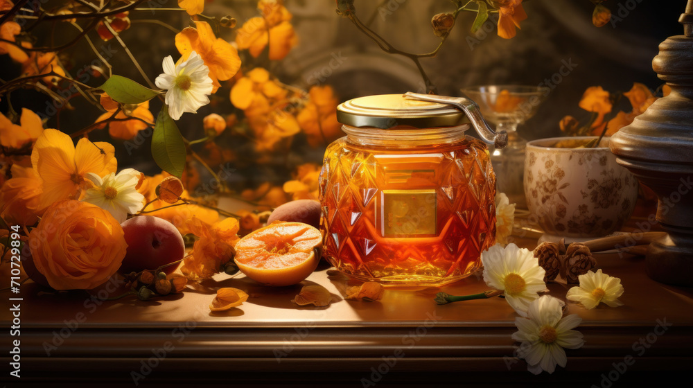  a jar of honey sitting on top of a table next to a vase filled with oranges and other flowers.