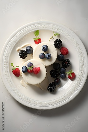 ricotta or cottage cheese pancakes for breakfast with fresh berries on a white plate