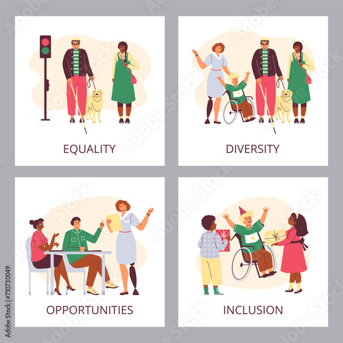 Inclusion, disability people, cartoon vector illustrations on white