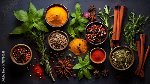 Colorful various herbs and spices on blue background