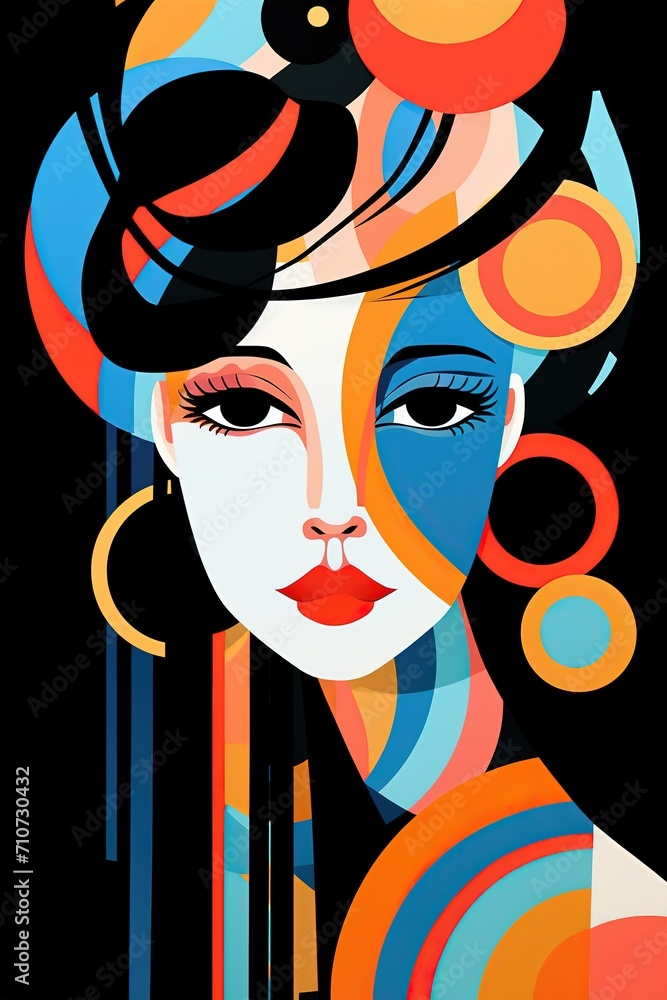 retro vintage pop art X contemporary art geometric abstract illustration, abstract face with bright color, Generative Ai
